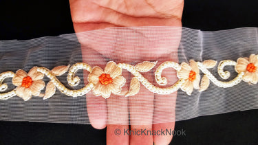 Beige Net Trim With Floral Embroidery, Pearl Beads Trim, Beaded Trim